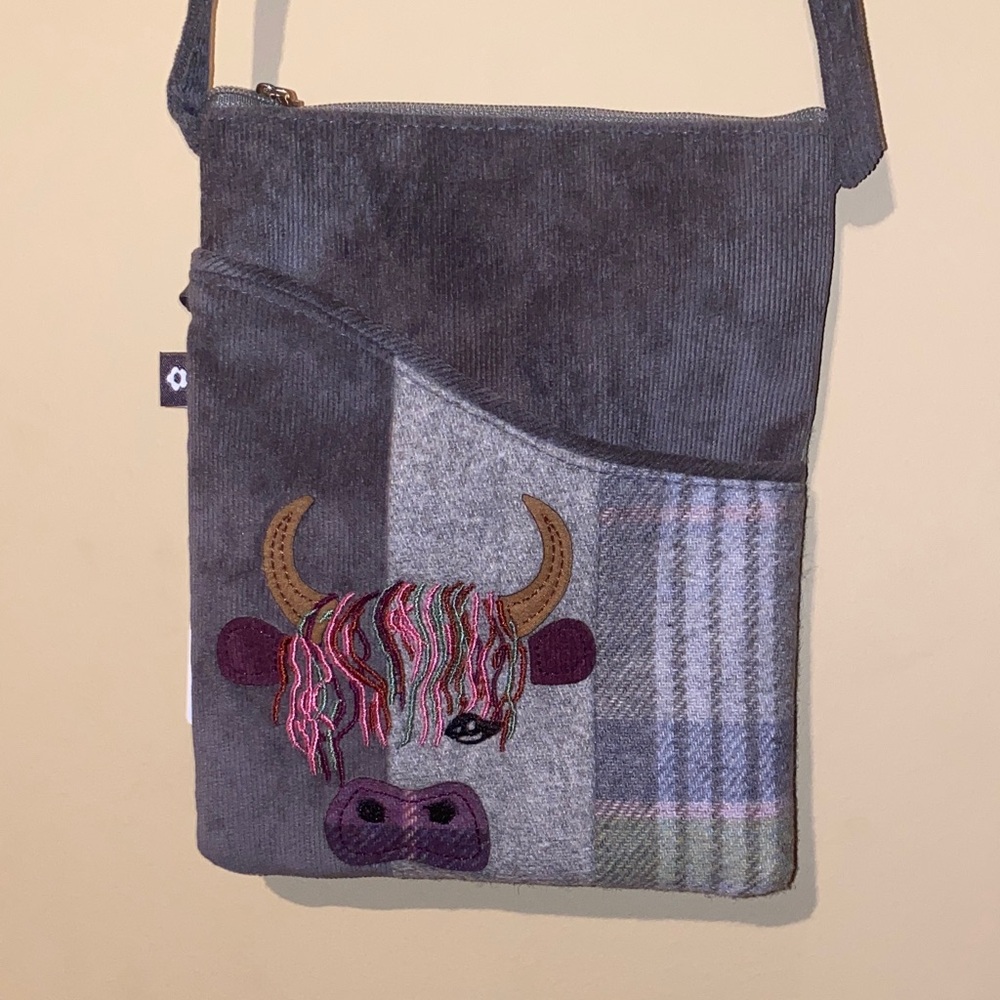 Gray Corduroy Shoulder Bag with highland cow Design